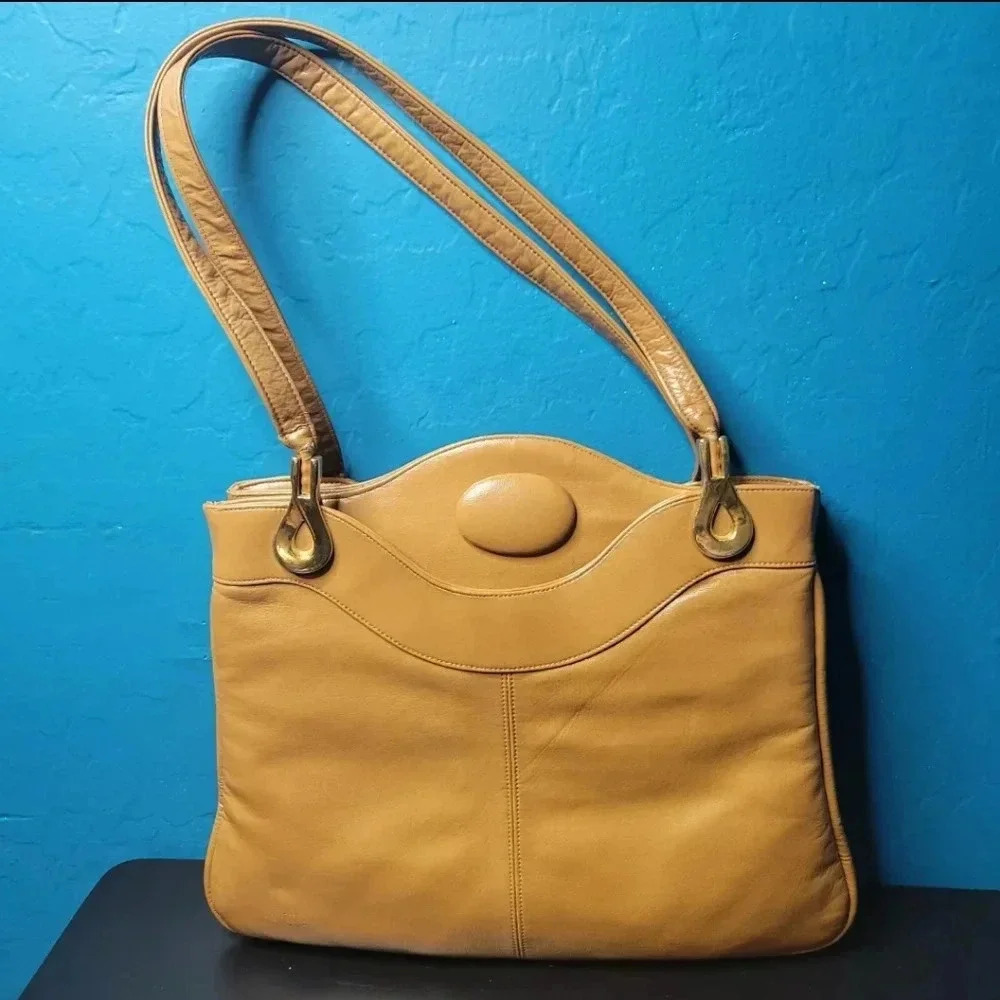 Vintage Lou Taylor Brown Leather Purse With Built In Swivel Mirror